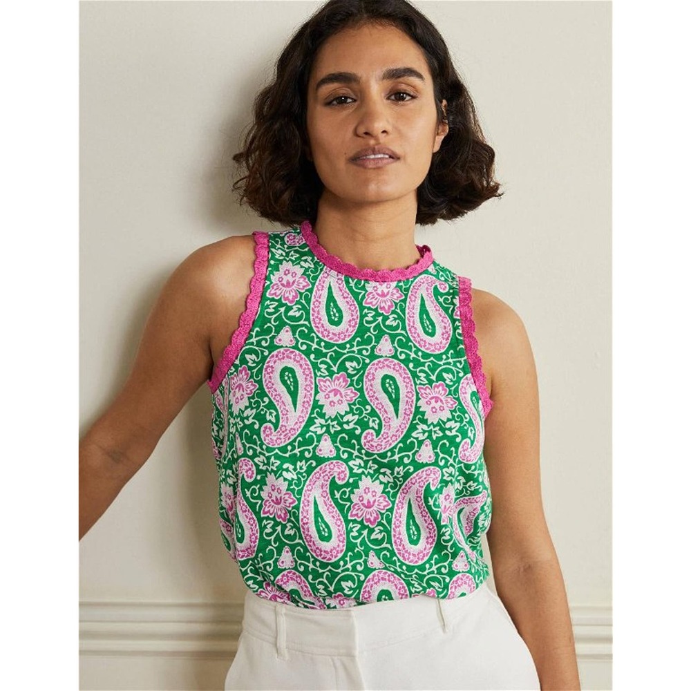 Boden Stitch Detail Jersey Top - Paisley - Green Multi/Emerald
